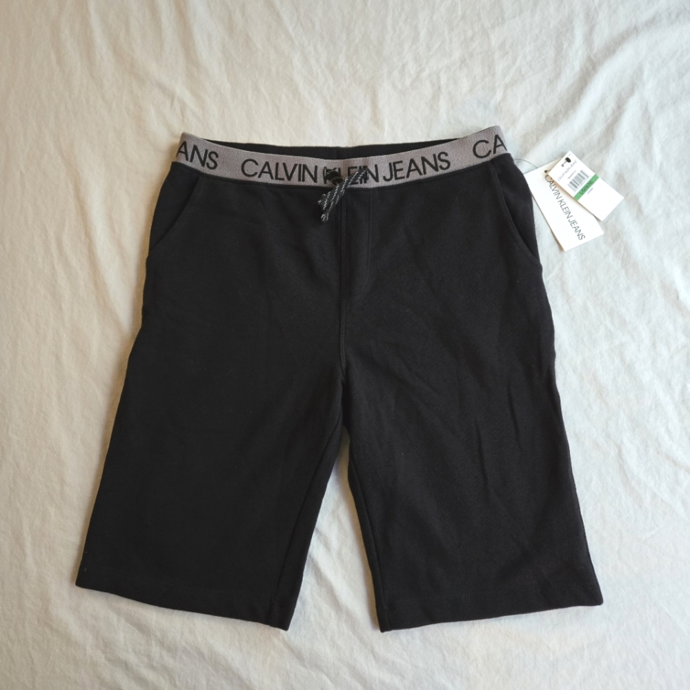 Calvin Klein Jeans Boys Logo Waistband Black Fleece Sweat Shorts sz L 14/16 NWT